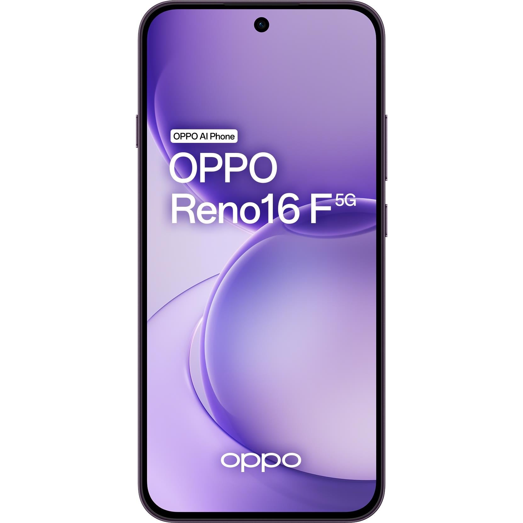 OPPO Reno16 F 5G smartphone front view with purple home screen, twilight violet