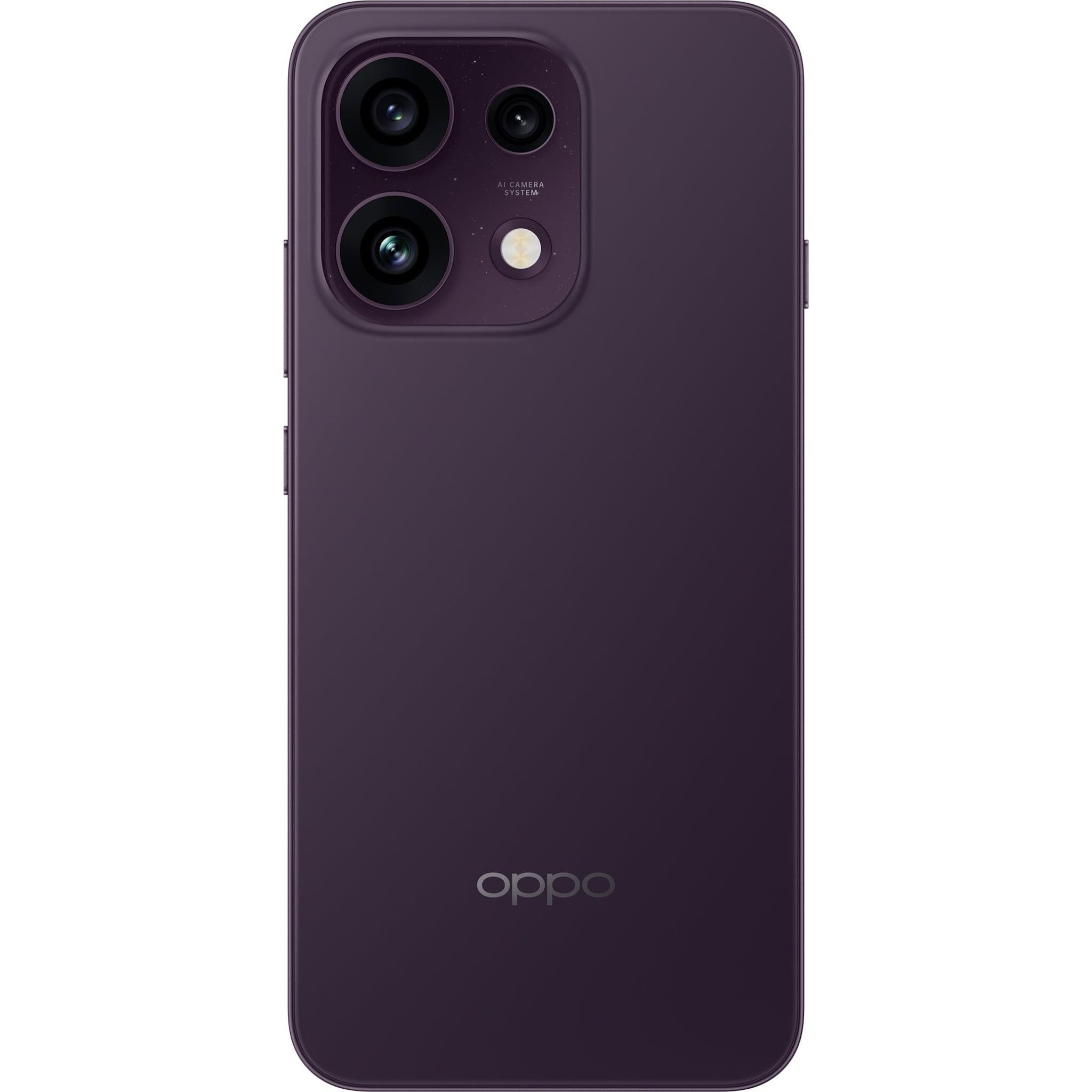 OPPO Reno16 F 5G smartphone back view with triple rear cameras, twilight violet