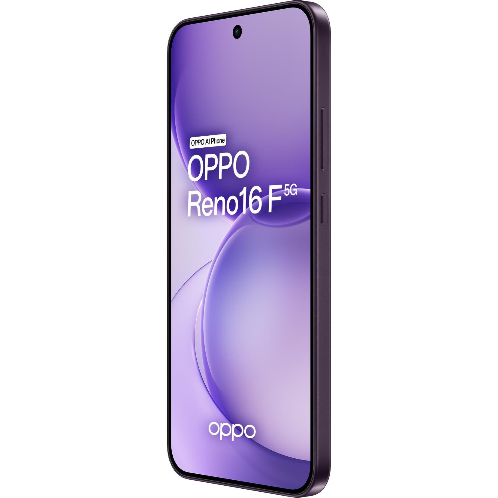 OPPO Reno16 F 5G smartphone side view with front display, twilight violet
