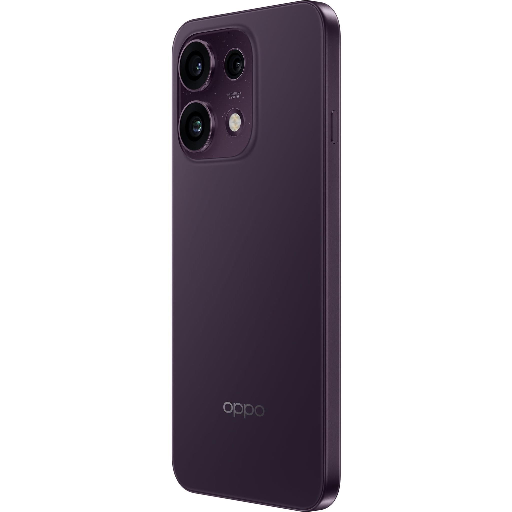 OPPO Reno16 F 5G smartphone back view, showing triple rear camera lenses, twilight violet