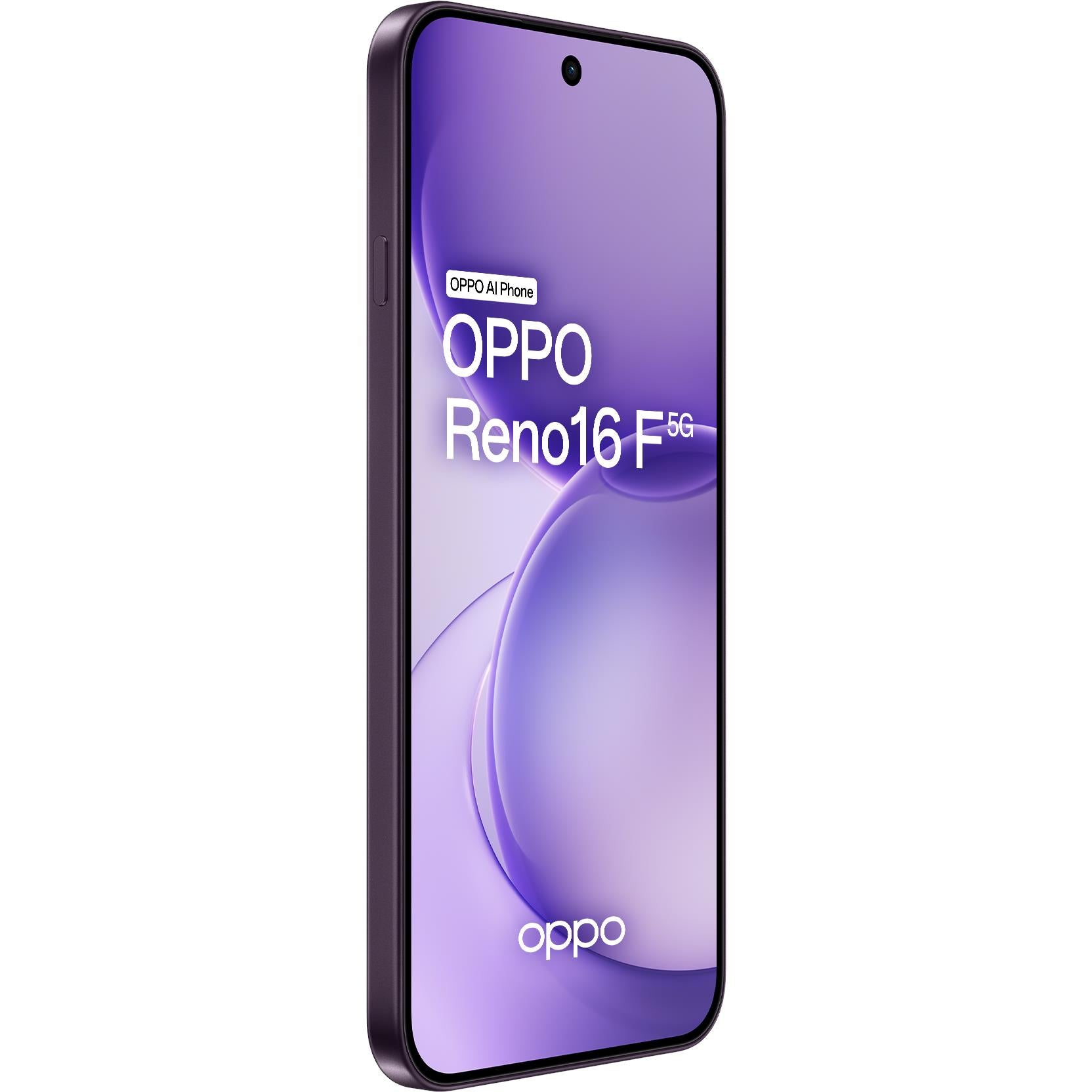 OPPO Reno16 F 5G smartphone front view in twilight violet with curved purple wallpaper