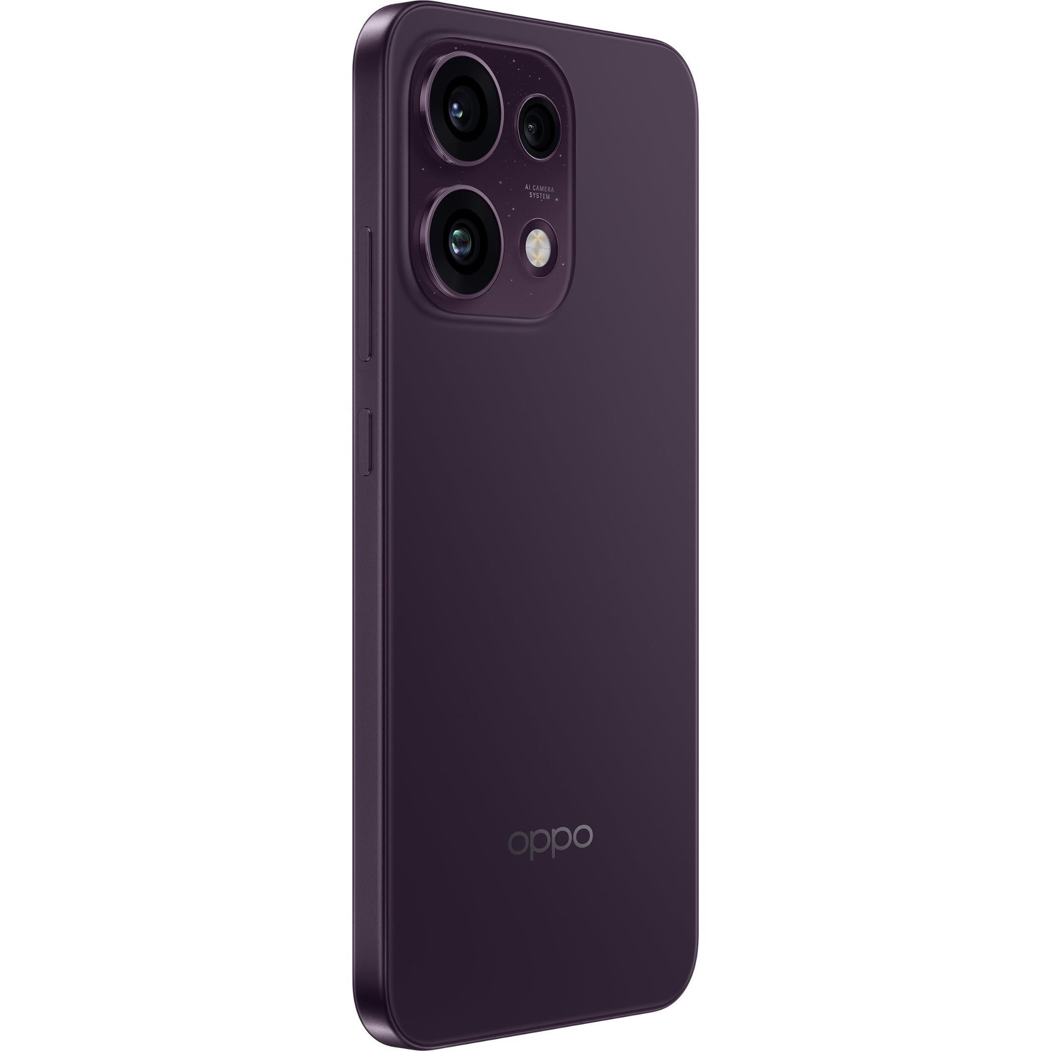 OPPO Reno16 F 5G smartphone back view, triple camera array, twilight violet finish