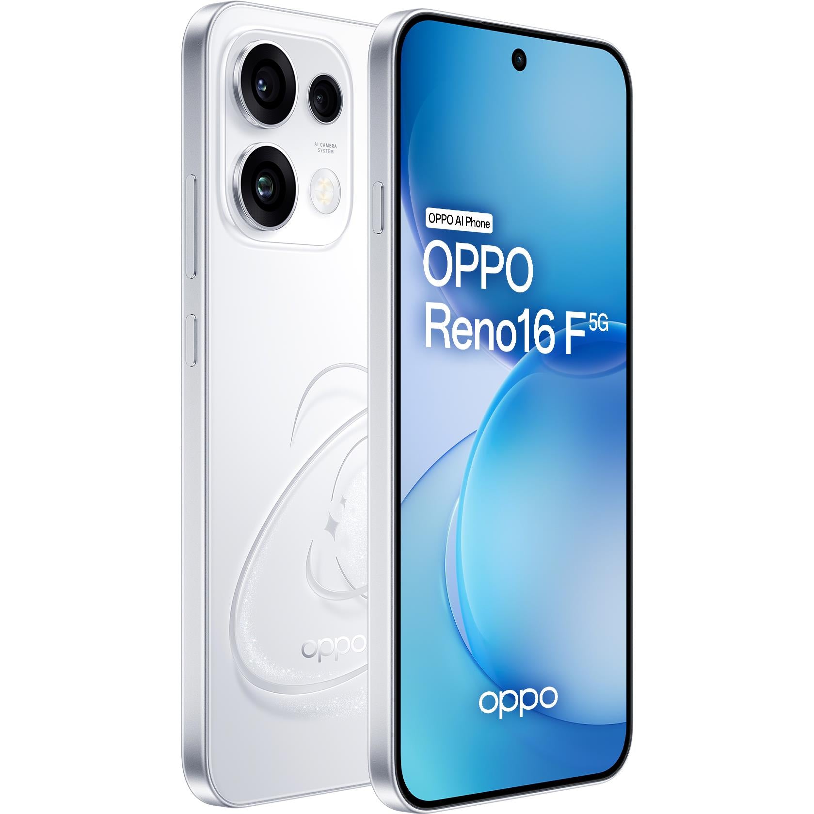 OPPO Reno16 F 5G smartphone, Pop White, front and back view with triple cameras