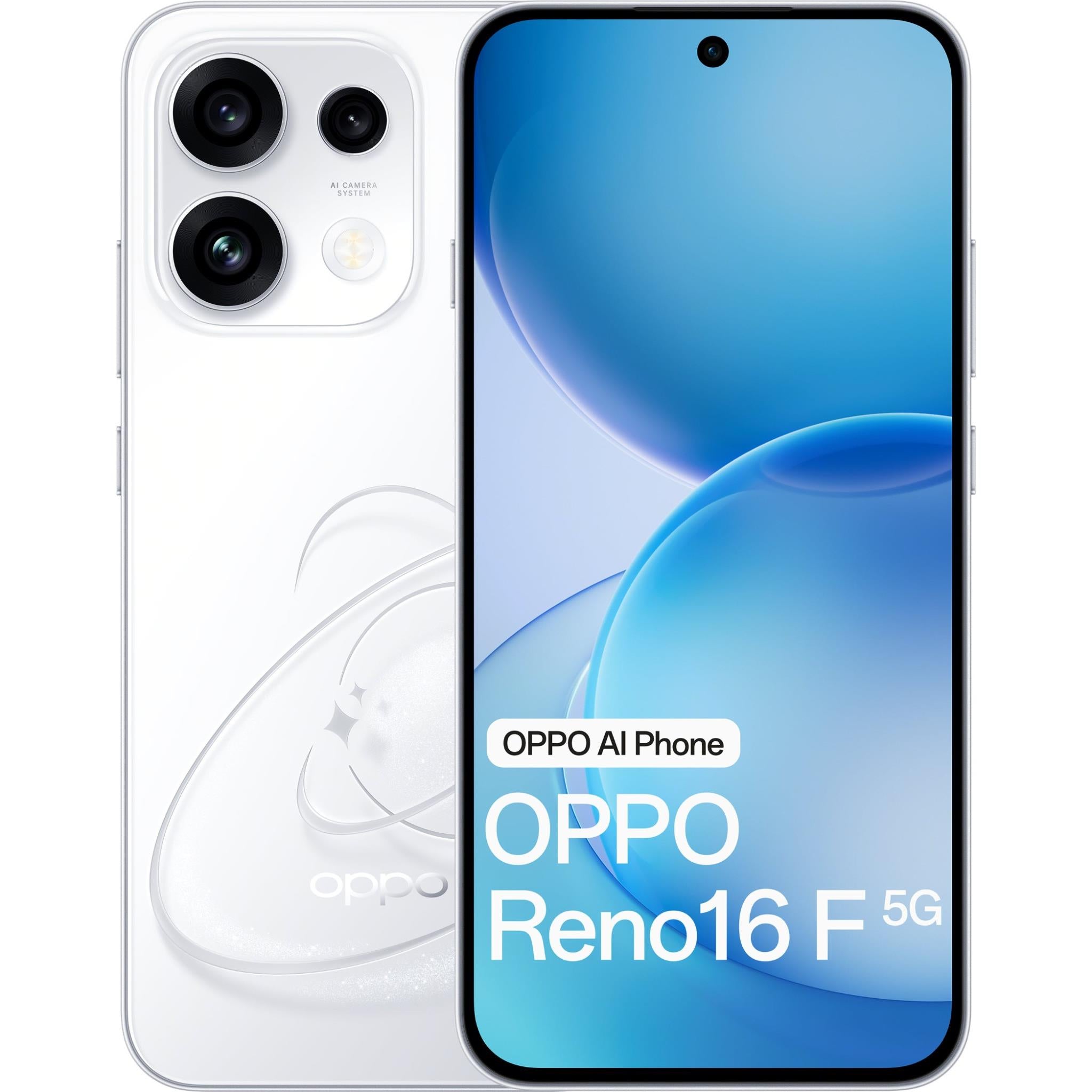 OPPO Reno16 F 5G phone in Pop White, front display and rear camera module