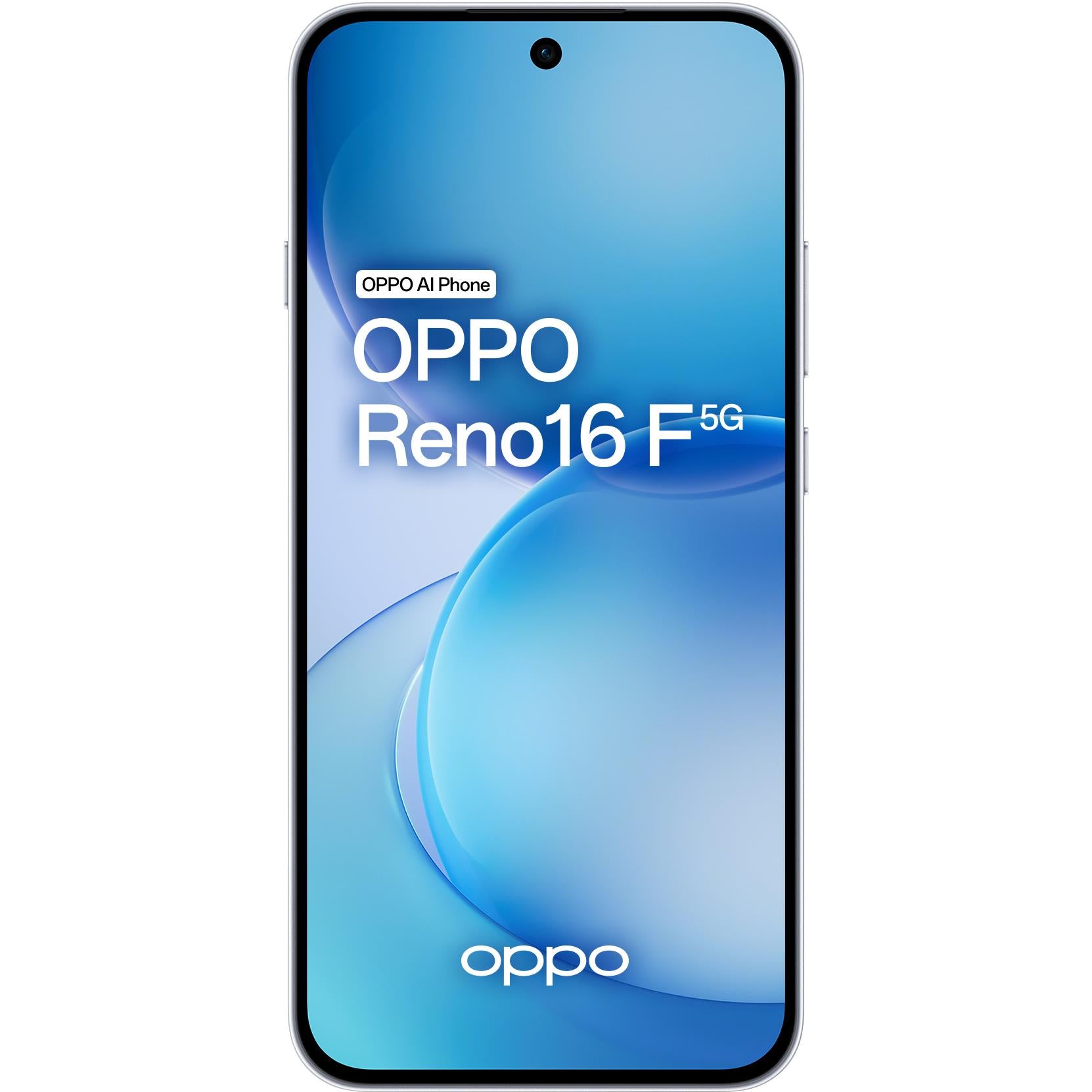 OPPO Reno16 F 5G smartphone, Pop White front view with blue wallpaper