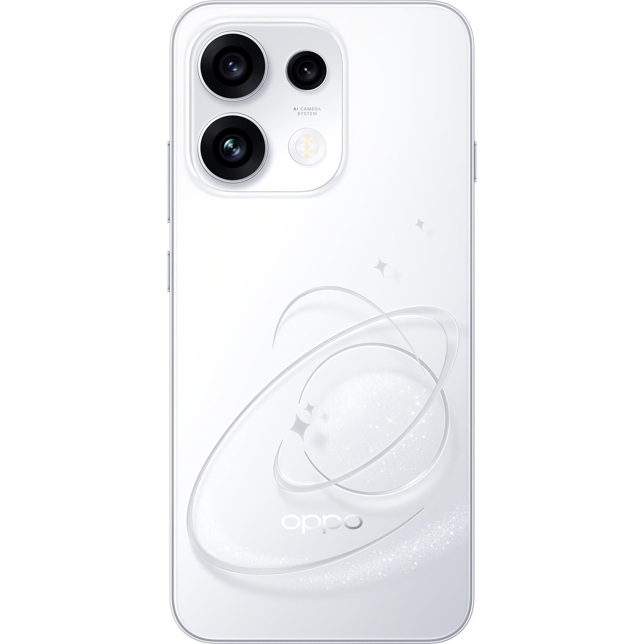 Pop White OPPO Reno16 F 5G phone, rear camera array and embossed design