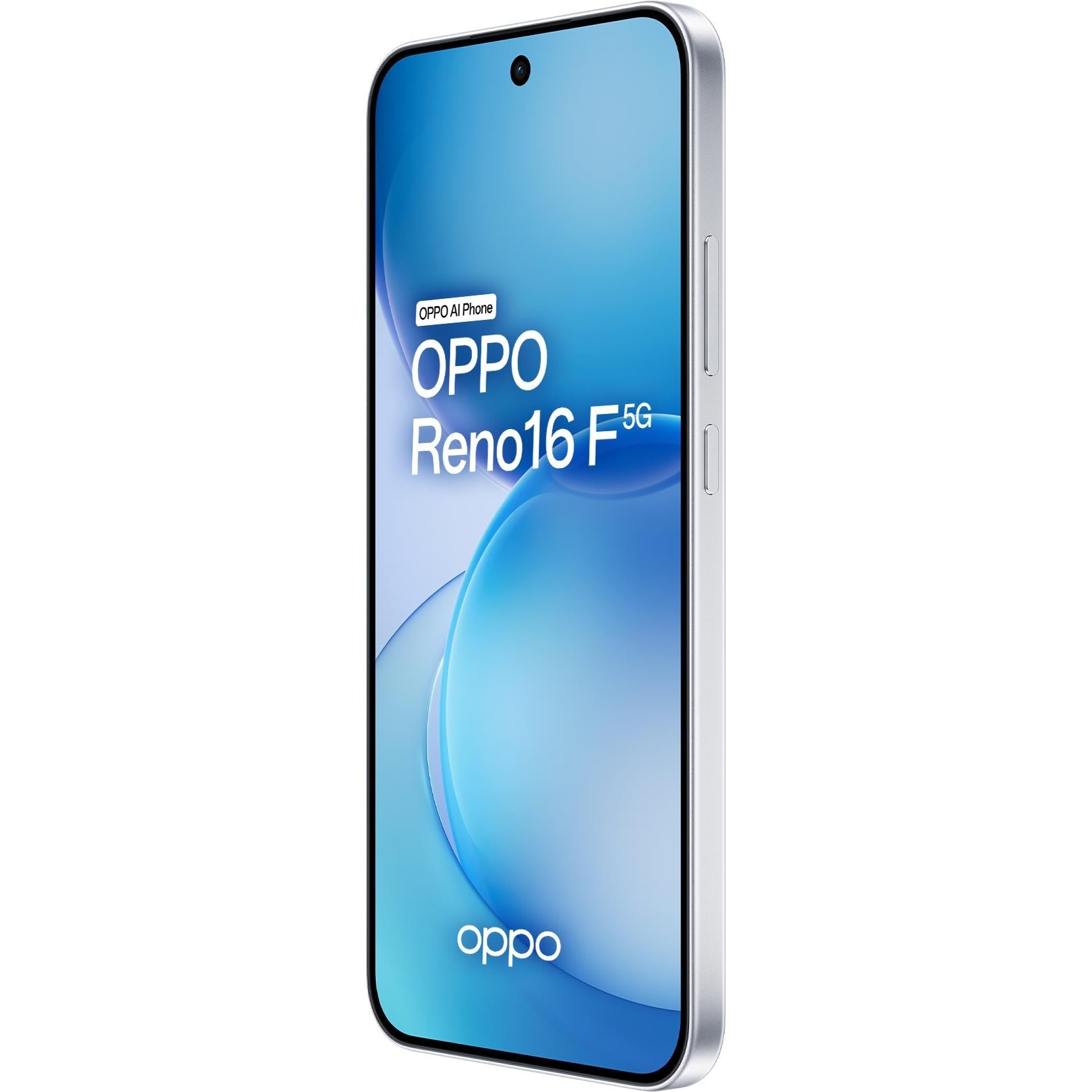 OPPO Reno16 F 5G smartphone in Pop White, angled front side view