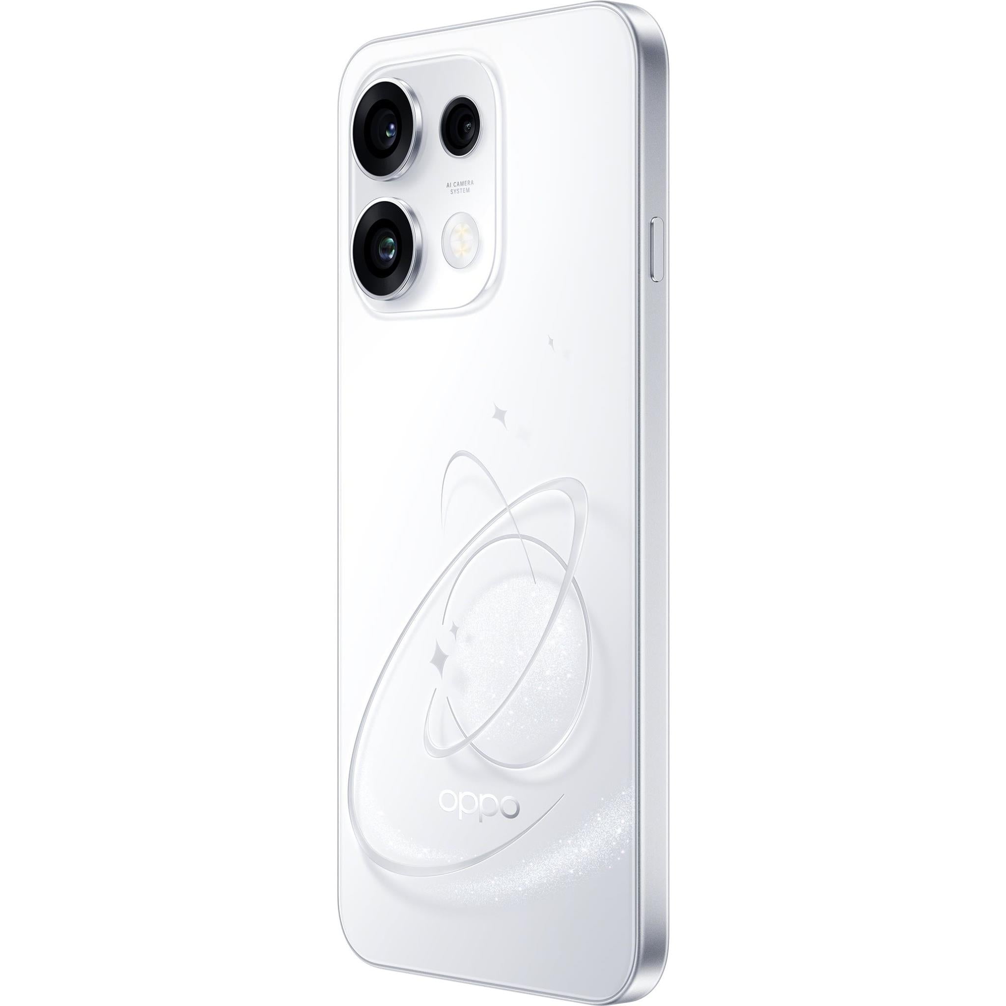 OPPO Reno16 F 5G phone in Pop White, rear view with triple camera lenses
