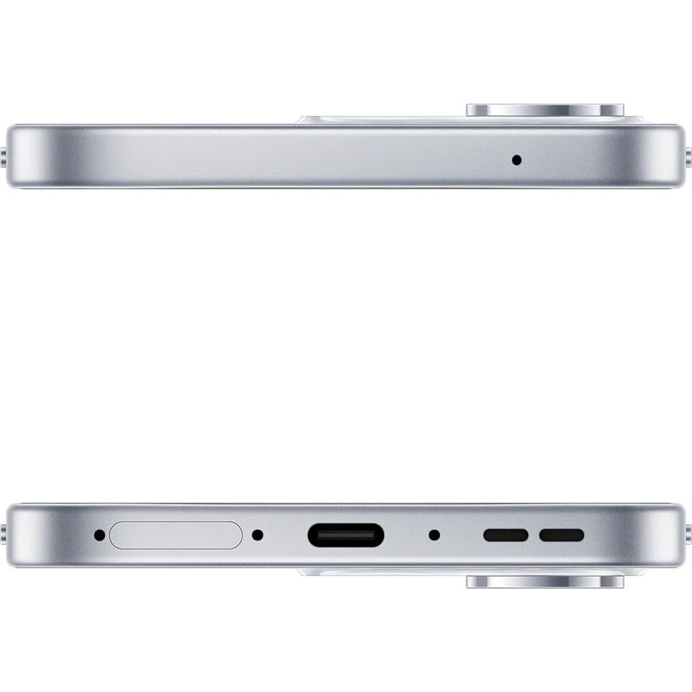 OPPO Reno16 F 5G phone in Pop White, bottom edge with charging port and speaker