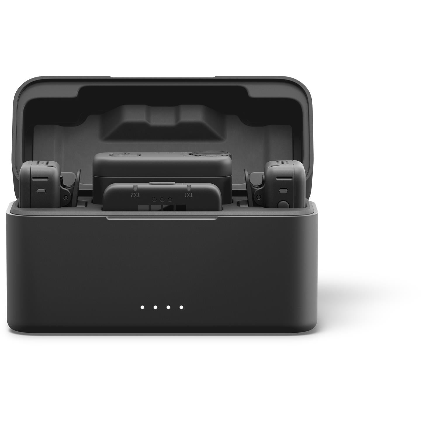 GoPro wireless microphone kit case open with two transmitters and receiver