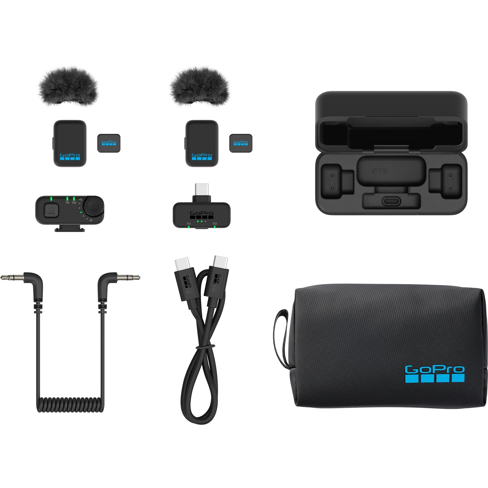 GoPro wireless microphone kit accessories with two mic transmitters, cables, and pouch