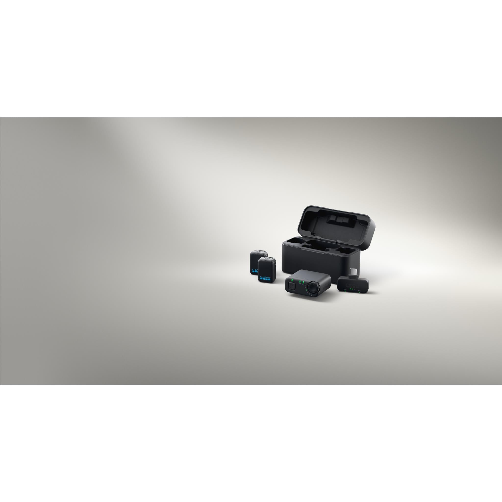 GoPro wireless microphone kit laid out with case and two furry microphones