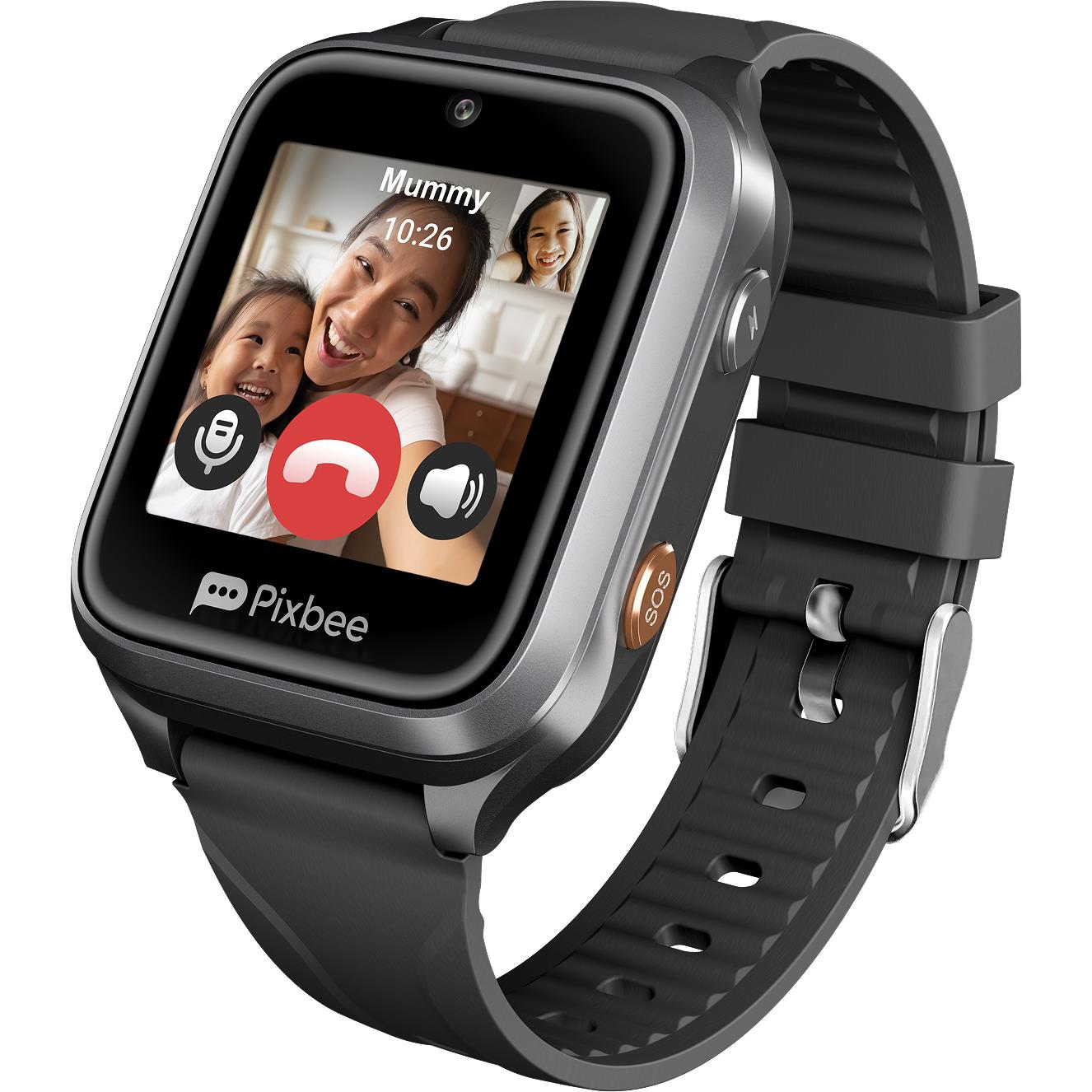 Black kids smart watch with touchscreen display and adjustable silicone strap