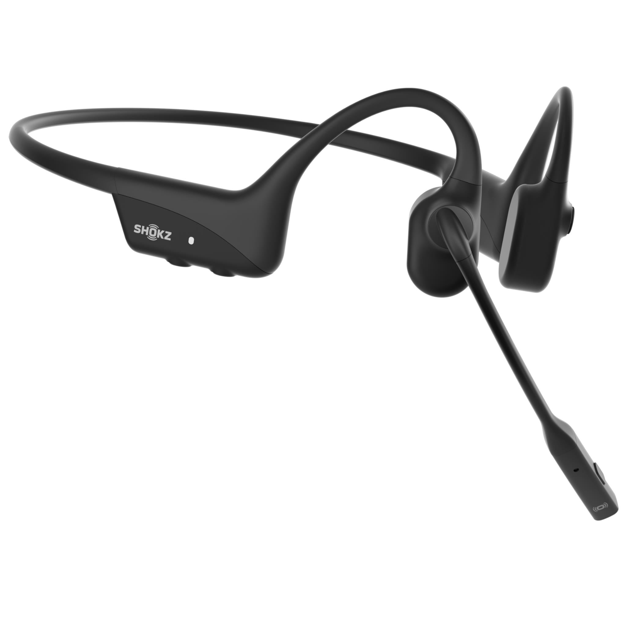 Black open-ear bone conduction headset with boom microphone and control module
