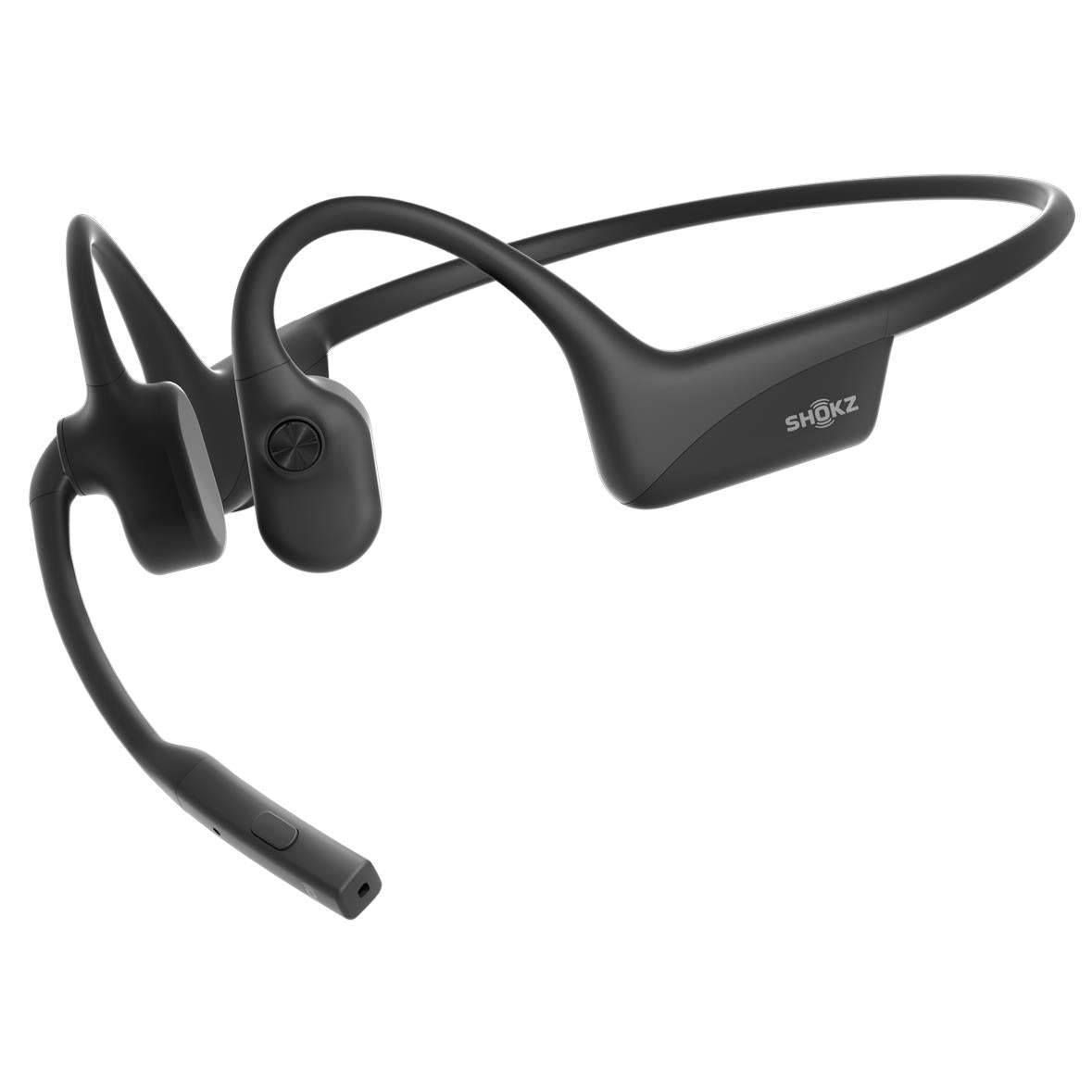 Black open-ear bone conduction headset with ear hooks and inline microphone