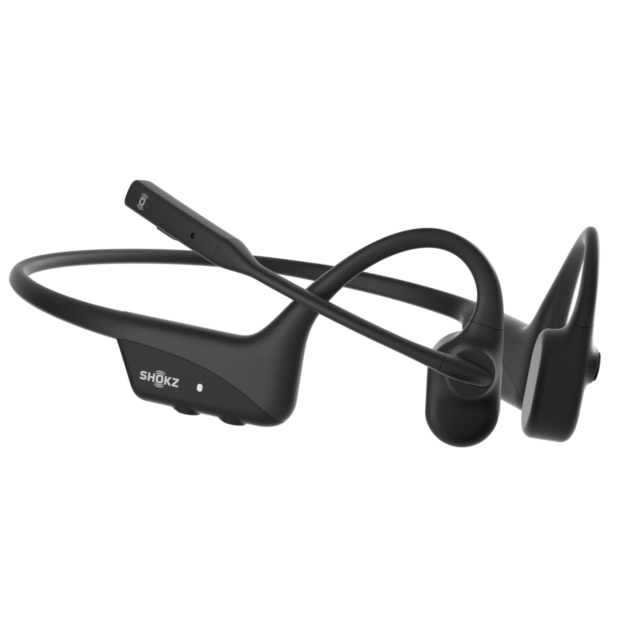 Black open-ear bone conduction headset, side view with boom microphone