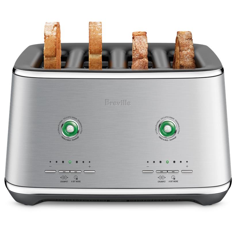 Brushed stainless 4-slice toaster with four bread slots, toasting bread, green control dials