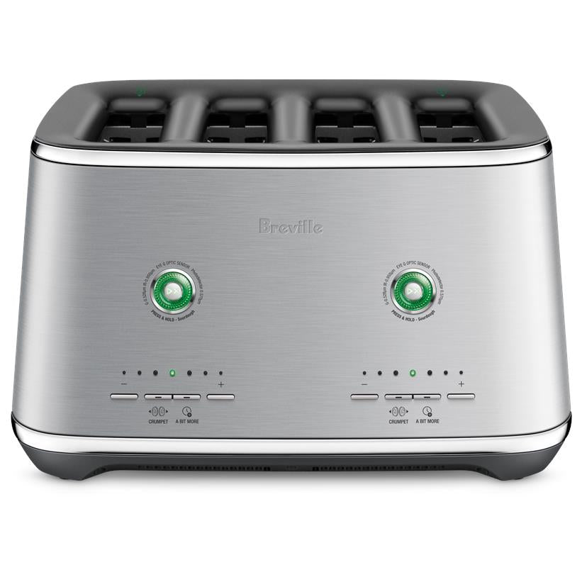 Brushed stainless 4-slice toaster front view with green control dials and four slots