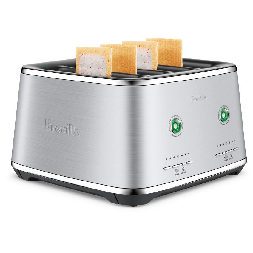 Brushed stainless 4-slice toaster with two-sided toasted bread slices in slots