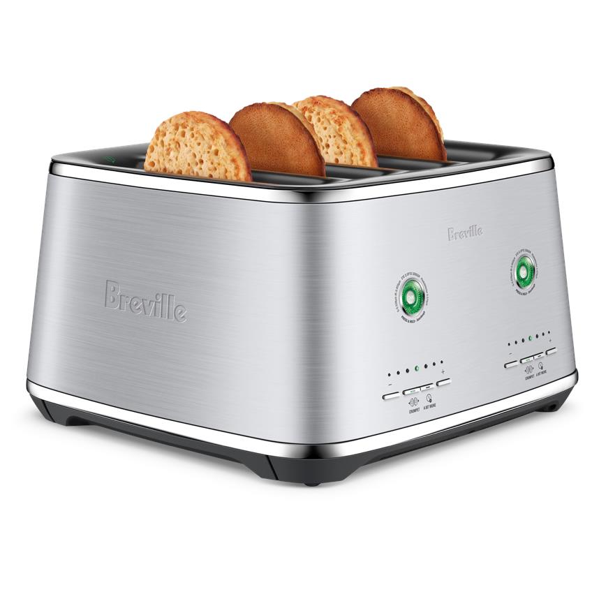 Brushed stainless 4-slice toaster with multiple toasted bread slices in slots