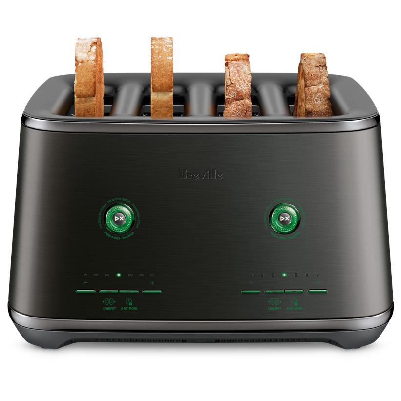 4-slice countertop toaster with bread rising; dark brushed body and two green control dials