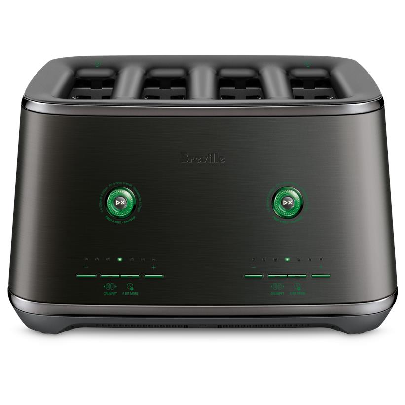 4-slice toaster with four slots and two green control dials on dark brushed housing