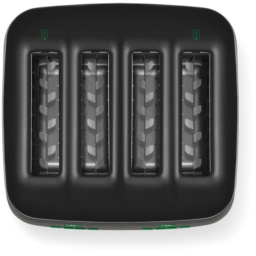 4-slice toaster with four heating chambers visible through open slots on dark housing