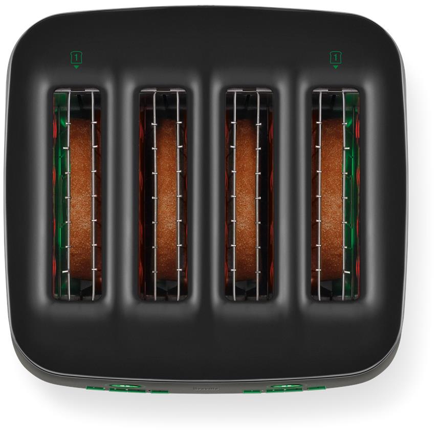 4-slice toaster with internal heating elements visible; green wiring inside dark housing