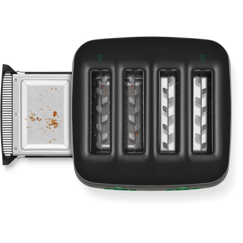 4-slice toaster with open crumb tray showing debris; four slots on dark body
