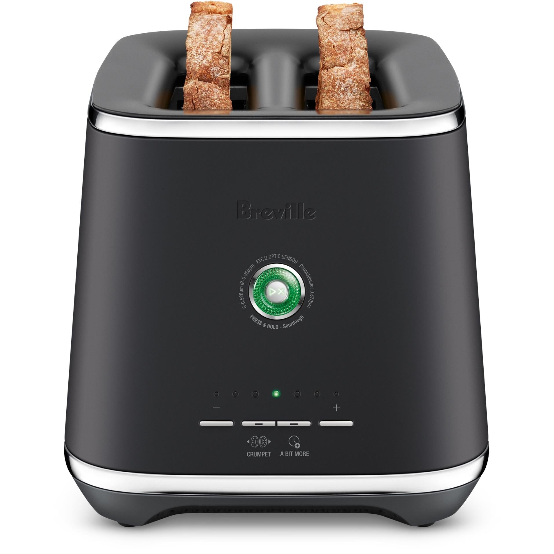 Black two-slice toaster with green dial and front control buttons