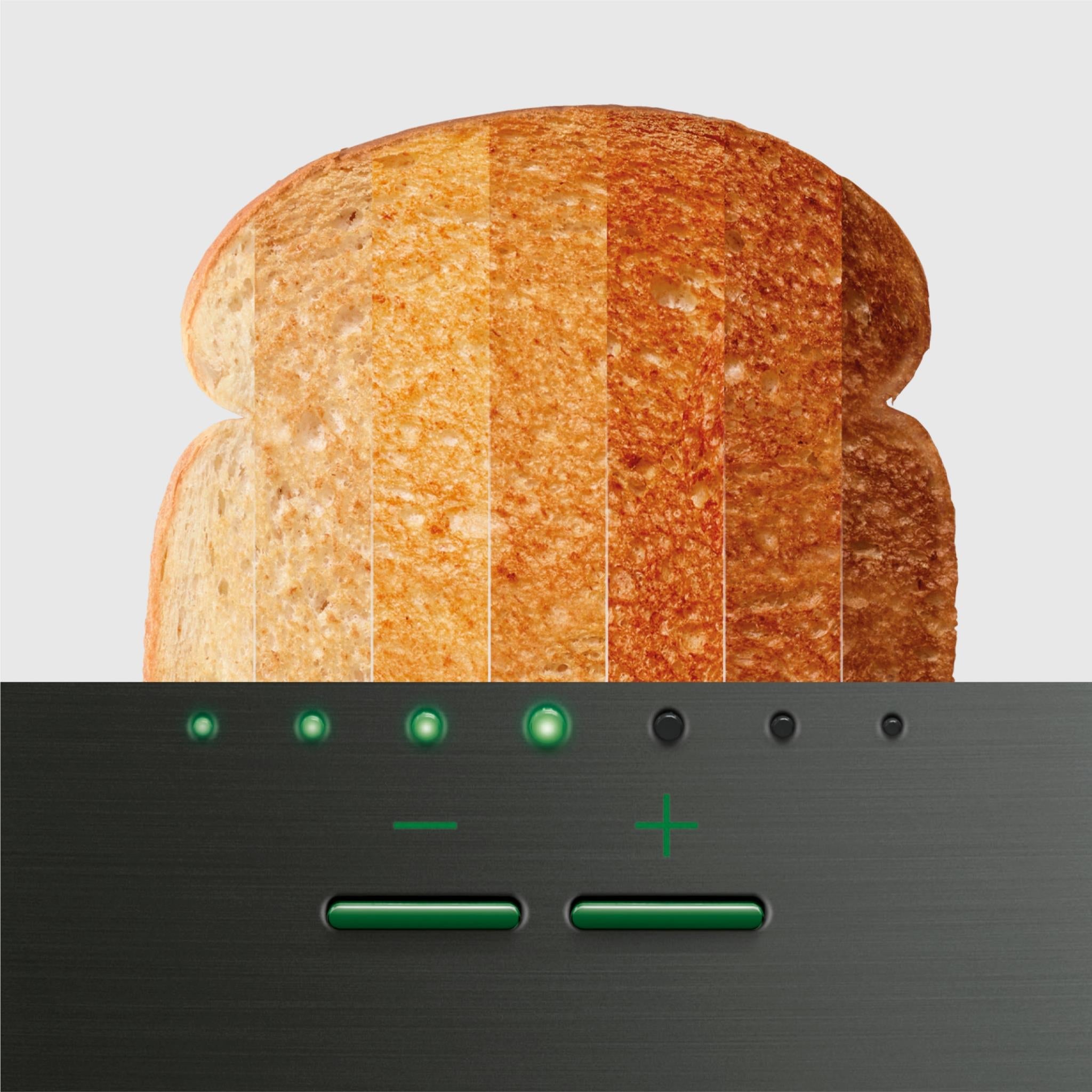 Breville 2-slice toaster with dark toasted bread in the slots and green lights.