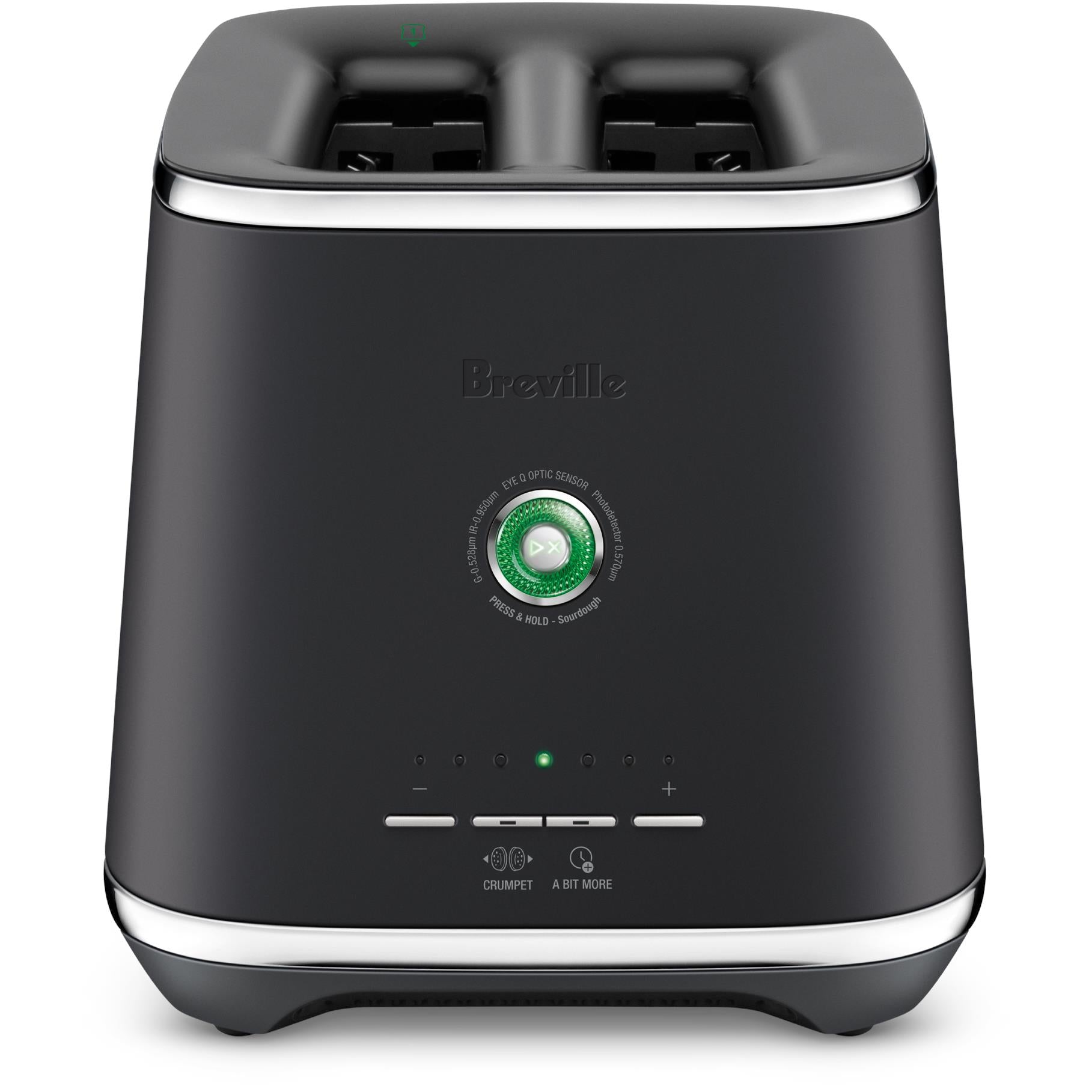 Black Breville two-slot toaster, front view with green control dial