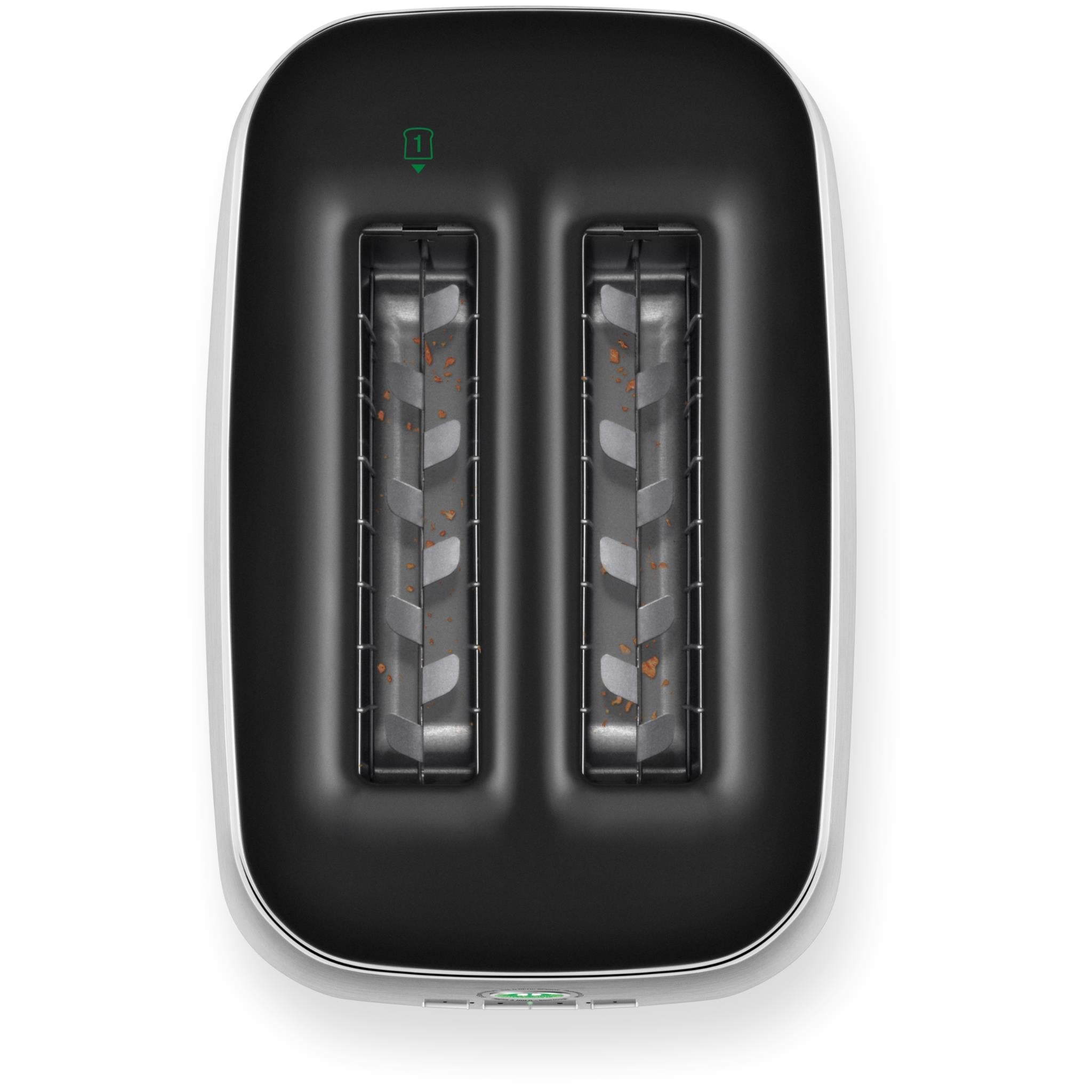 Black two-slice toaster with heating slots visible from the front