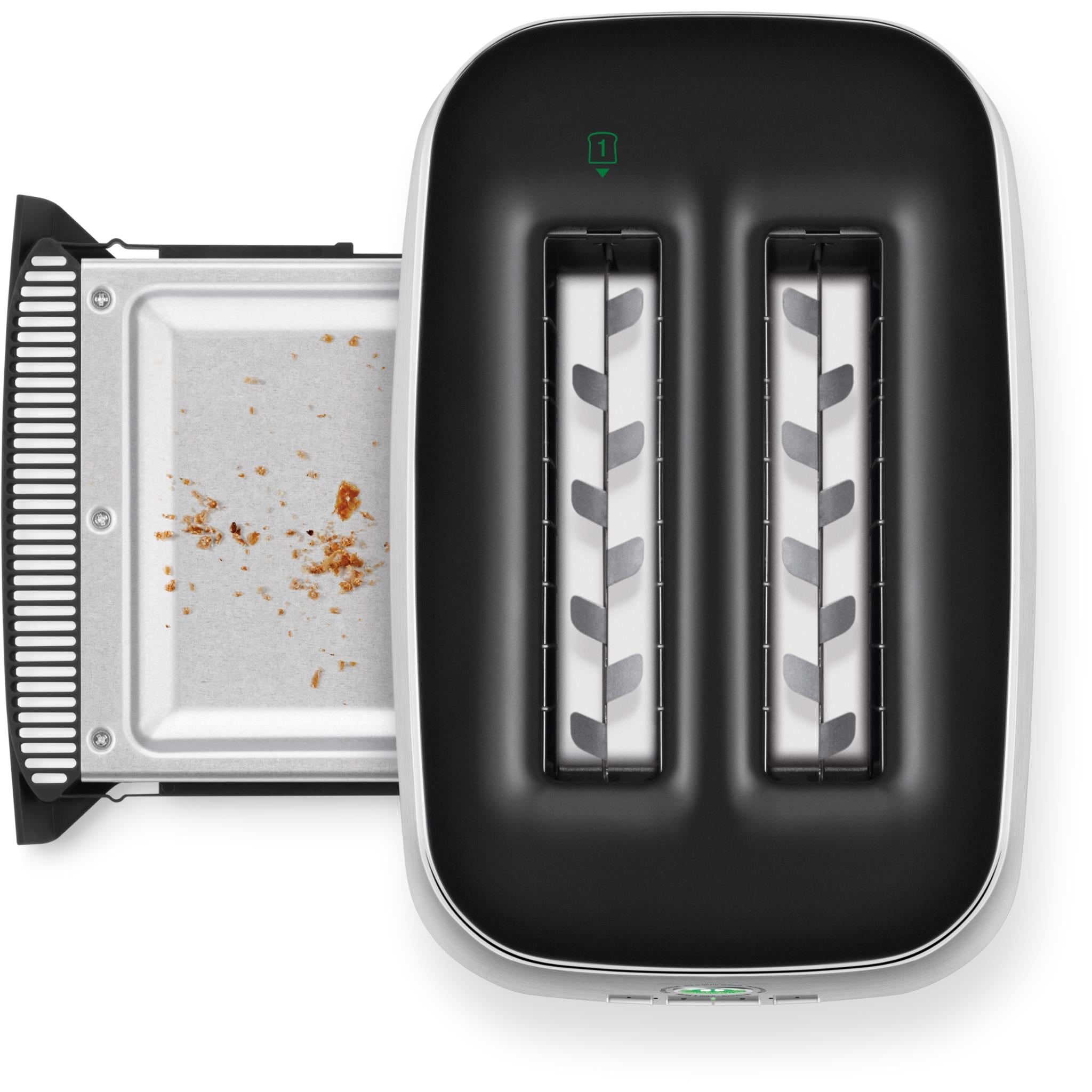 Black toaster with lever open, showing heating slots and crumb tray area