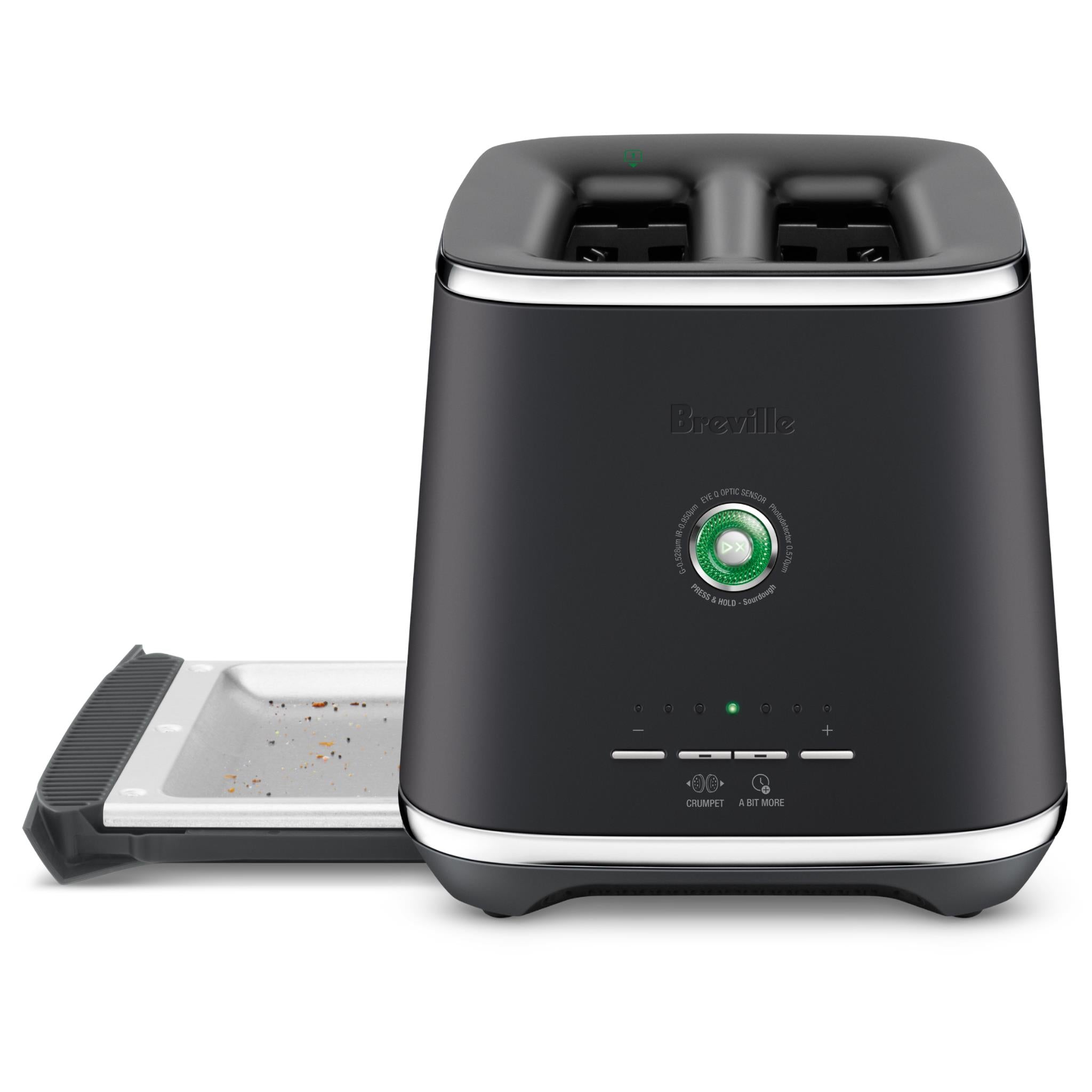 Black two-slice toaster with crumb tray extended for cleaning access
