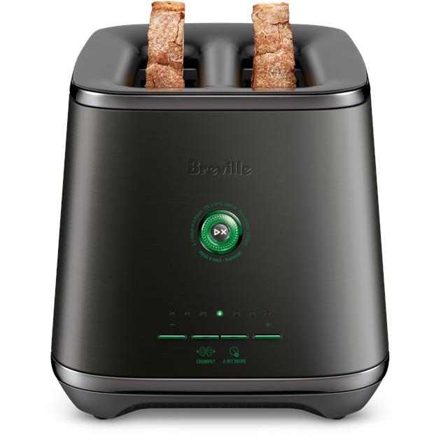 2-slice black toaster with two bread slots and a control panel, toasting bread