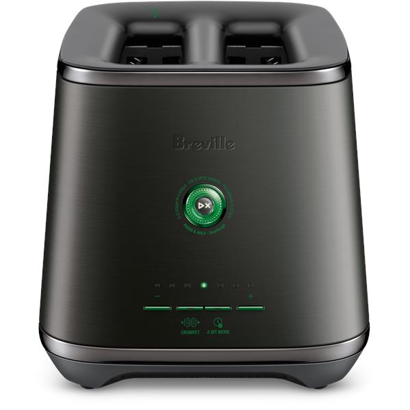 2-slice black toaster front view with two slots and LED control panel