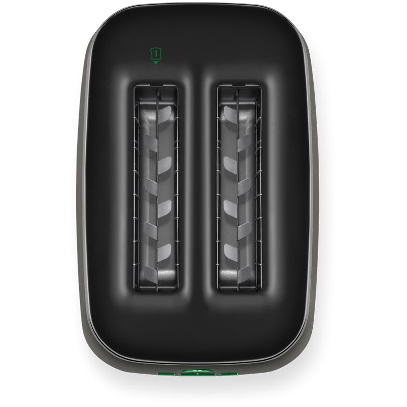 2-slice black toaster underside view showing two empty internal heating slots