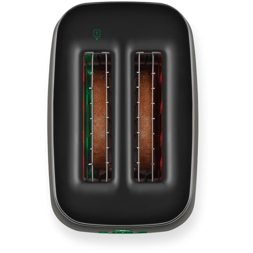 2-slice black toaster with internal heating elements visible through the slots