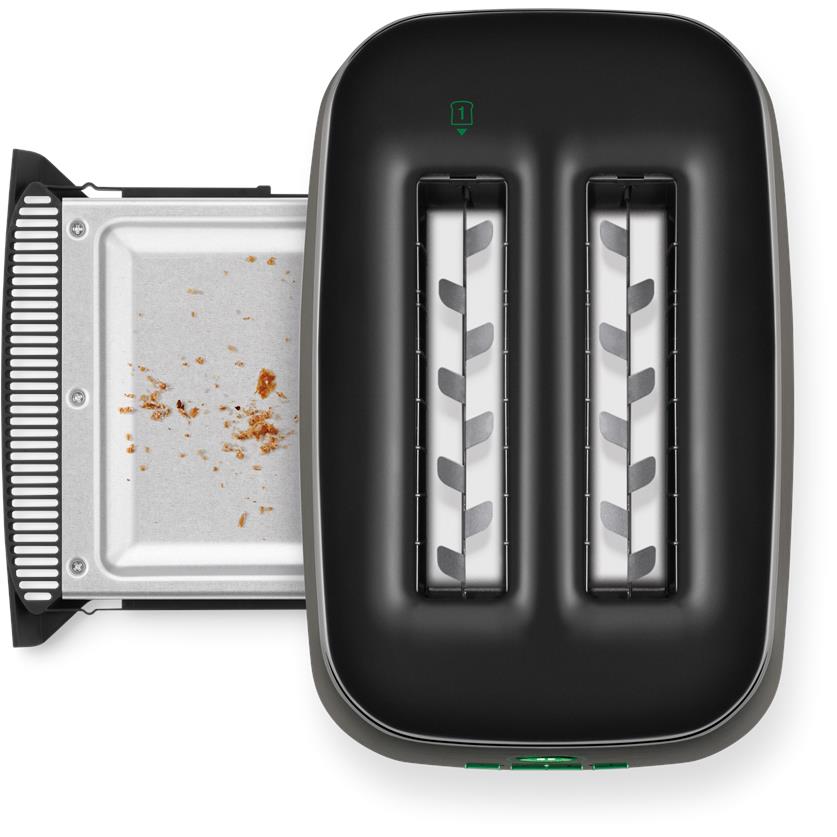 2-slice black toaster with crumb tray extended and two empty slots exposed