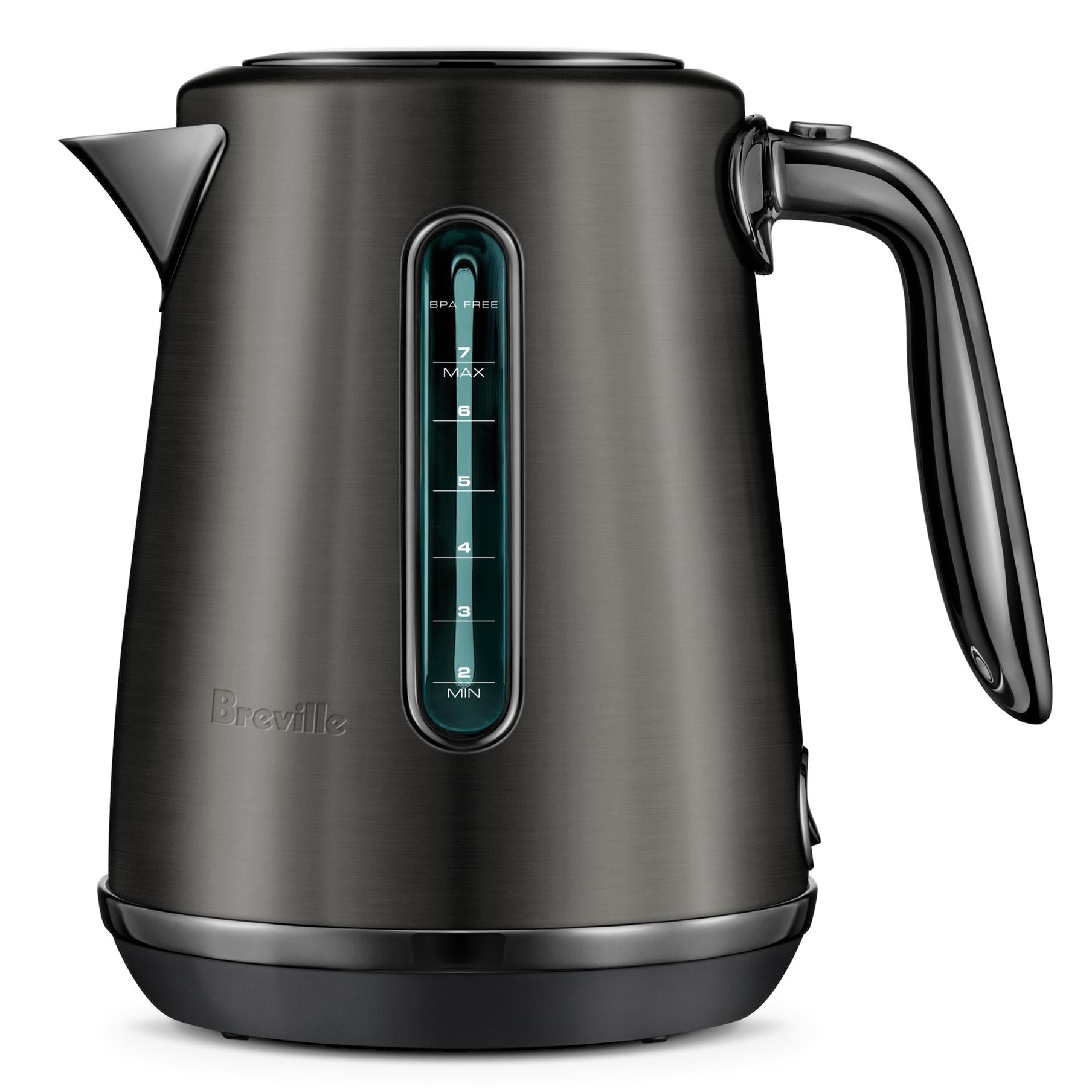 Electric kettle with LED temperature display, dark noir finish, curved spout and handle