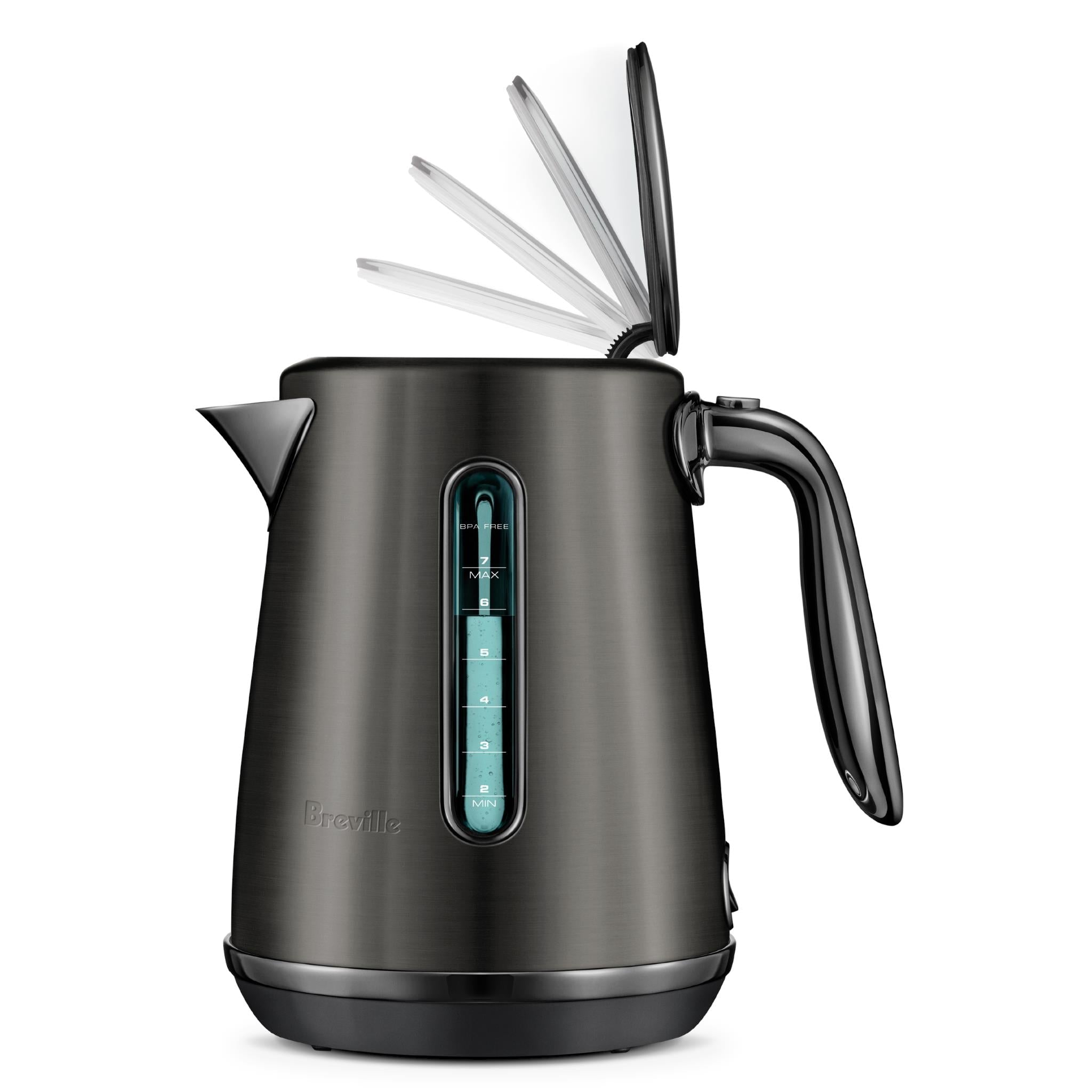 Electric kettle with LED display and open lid, curved handle, dark noir finish