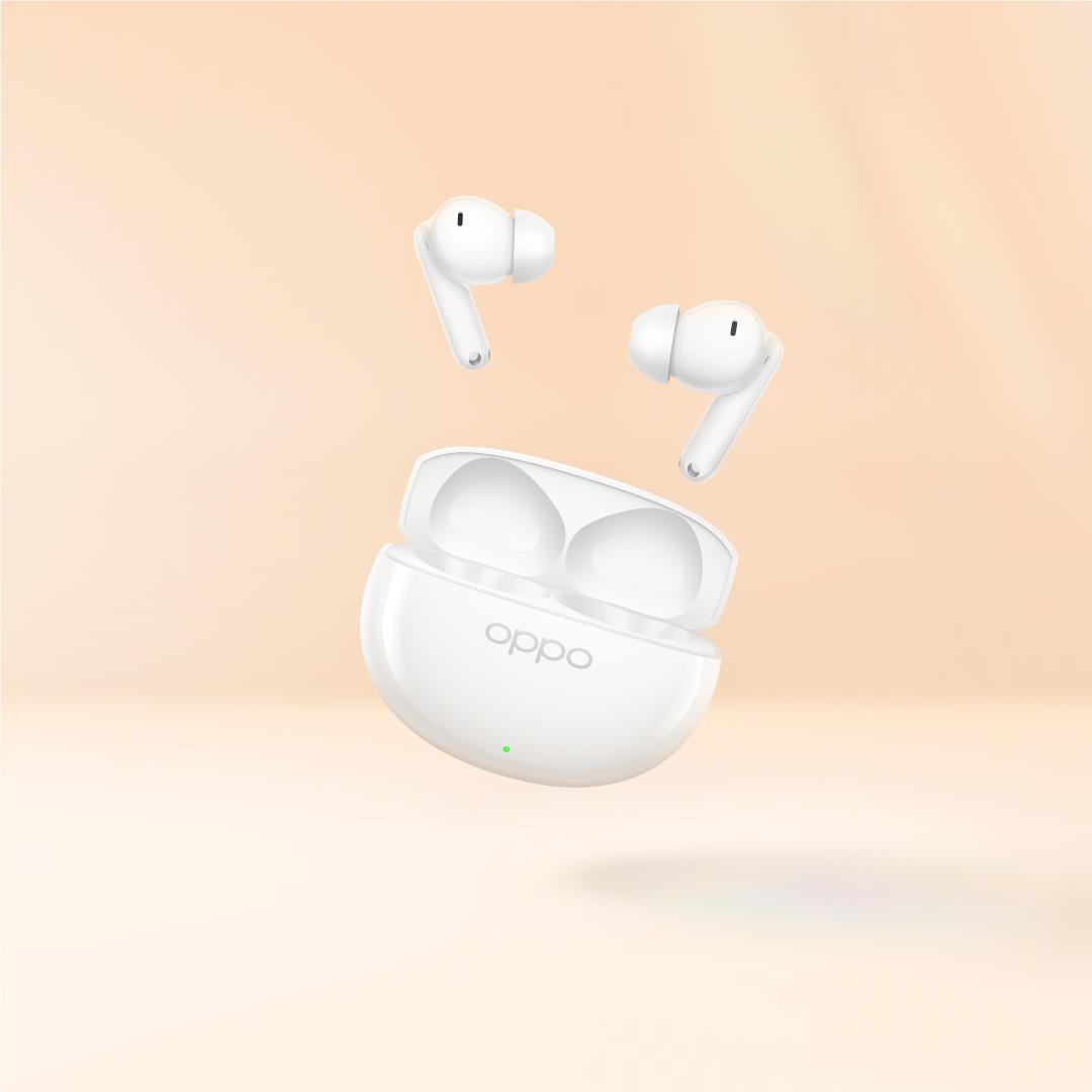 OPPO Enco Air5 true wireless noise cancelling earbuds in glossy white with charging case, image 7 - In-Ear Headphones & Earbuds at Tech Supply Shed NZ