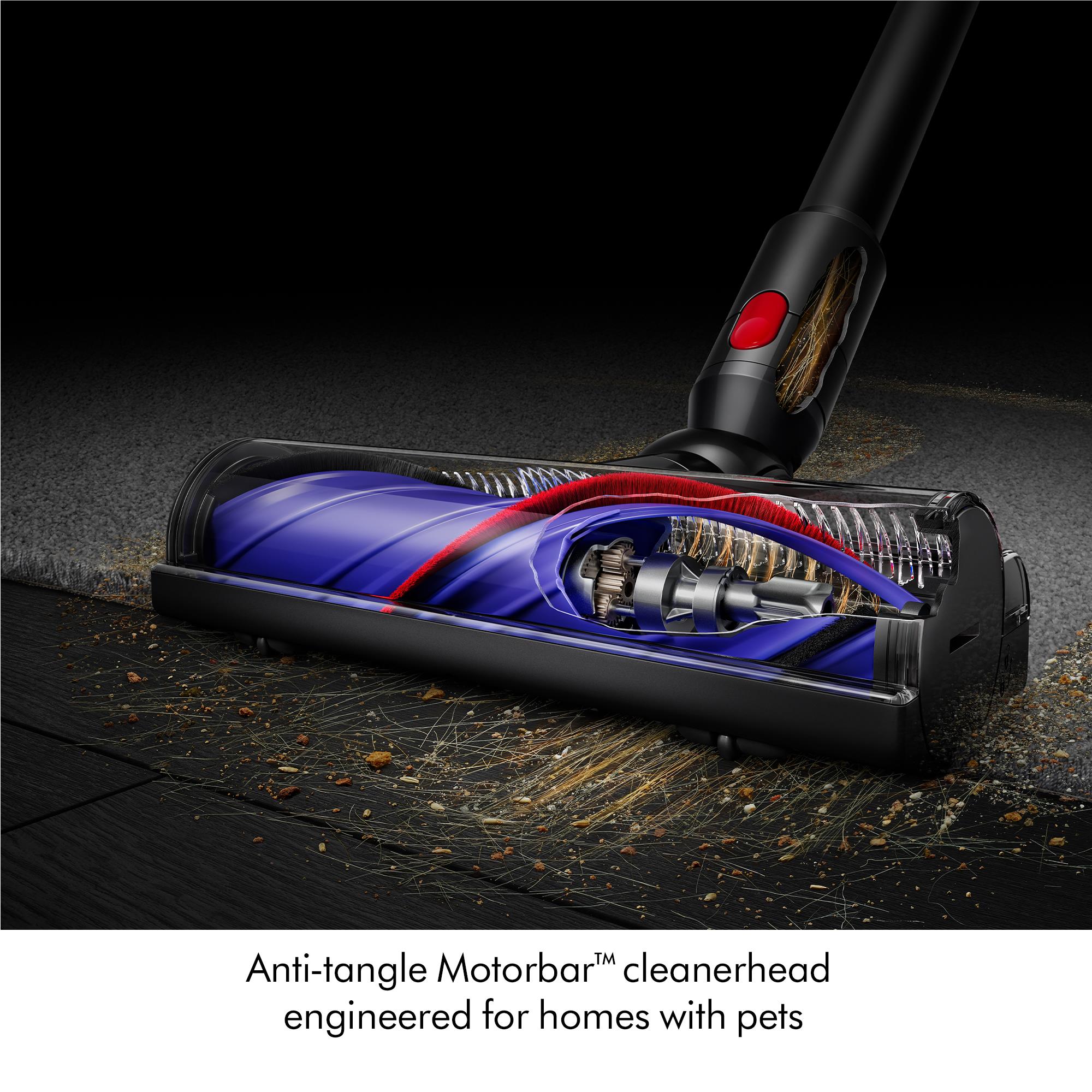 Motorized floor brush of a Dyson cordless stick vacuum cleaner with blue brush roll