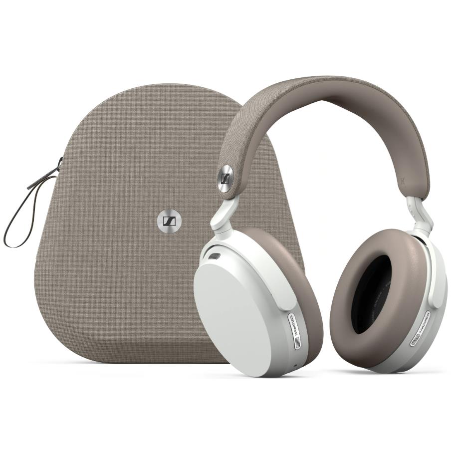 White over-ear headphones with gray fabric pouch and gray headband