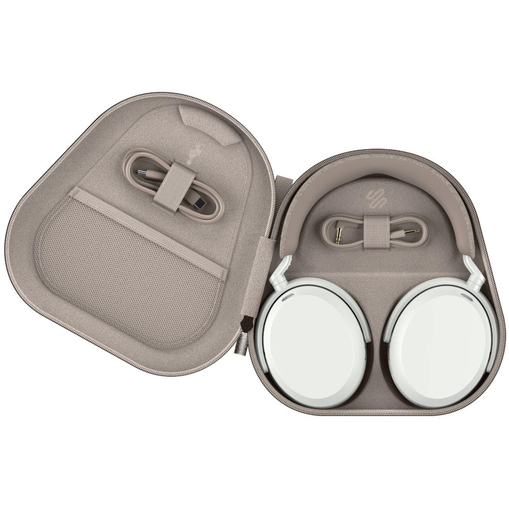 White over-ear headphones in open gray carrying case with cable pocket
