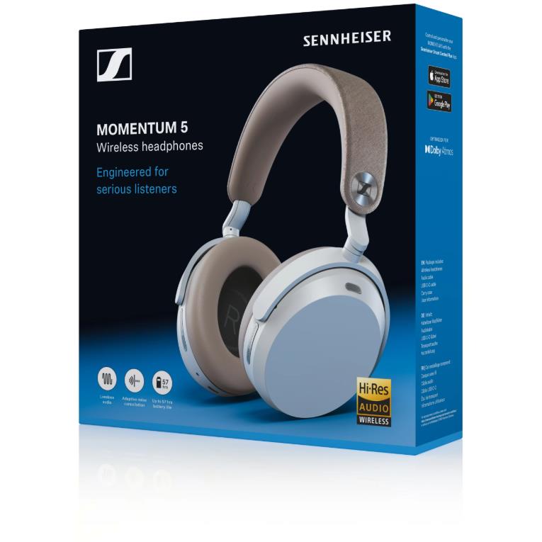 Sennheiser MOMENTUM 5 wireless headphone retail box with white headphones shown