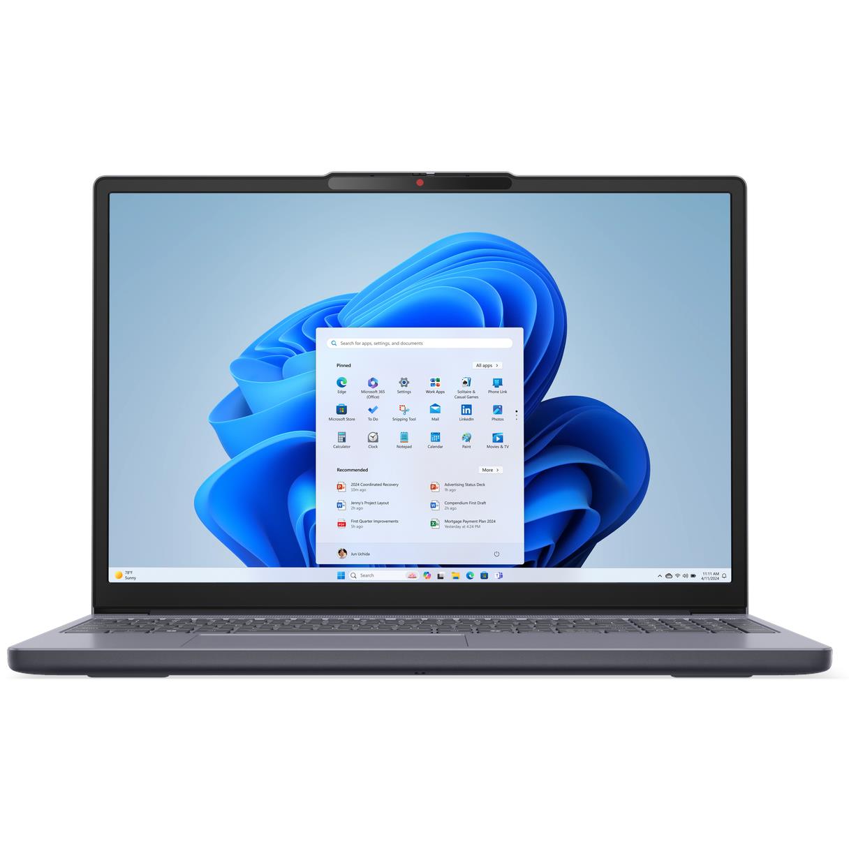Grey Lenovo IdeaPad Slim 3 15.3-inch laptop with screen on and Windows desktop.