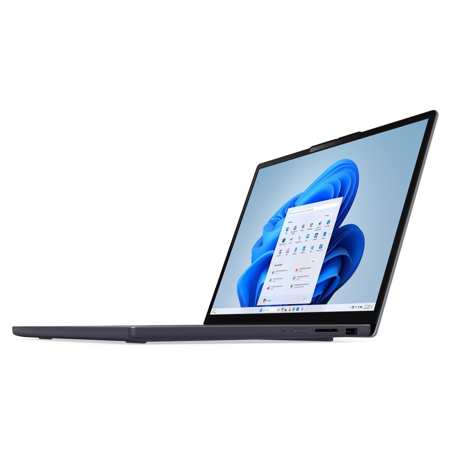 Grey Lenovo laptop angled view, 15.3-inch display showing Windows desktop.