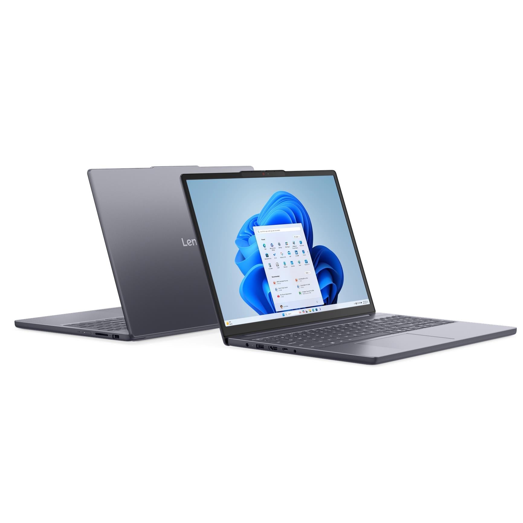 Grey Lenovo laptop in open position, keyboard visible with screen showing Windows.